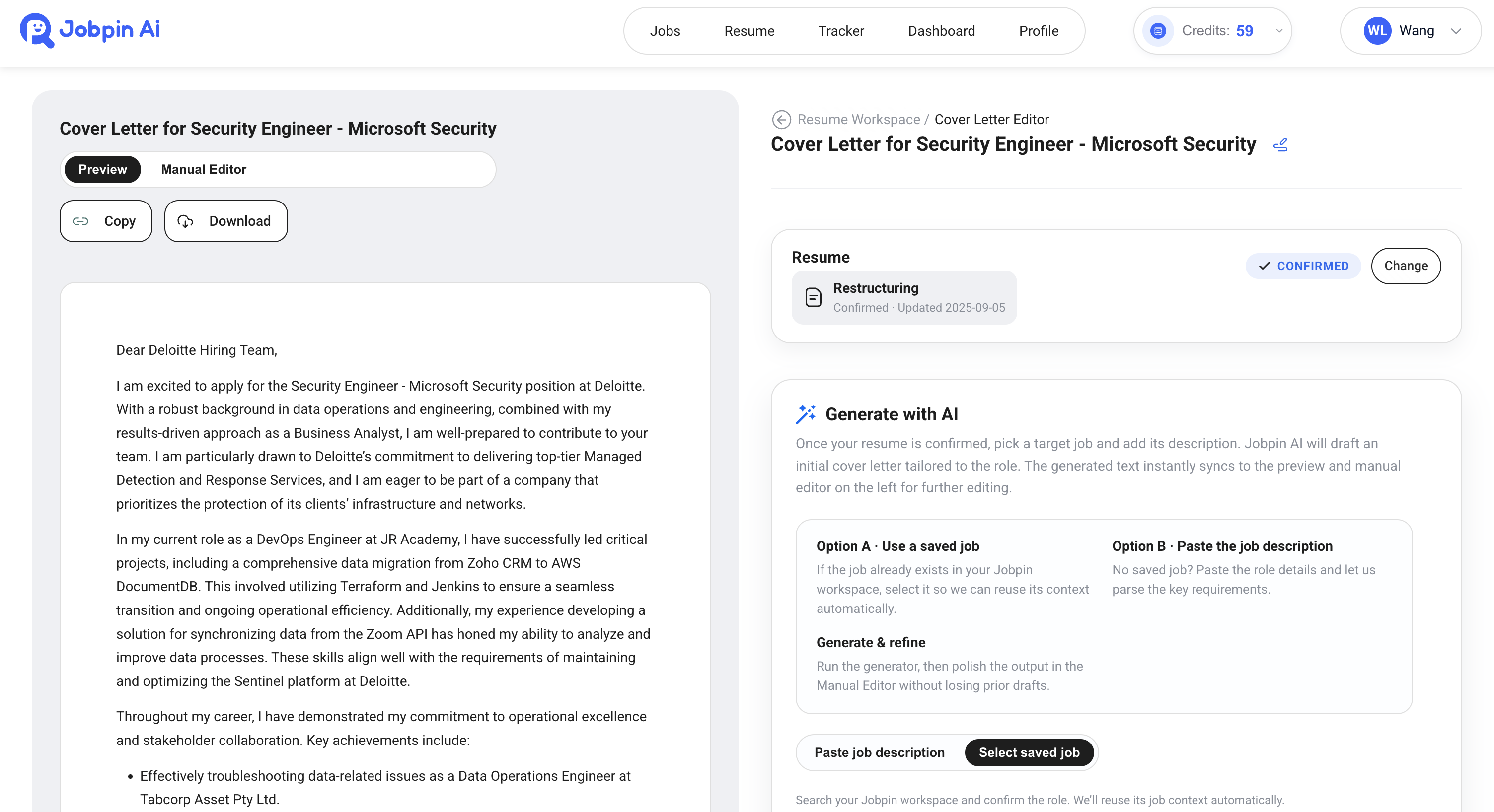Jobpin AI cover letter editor