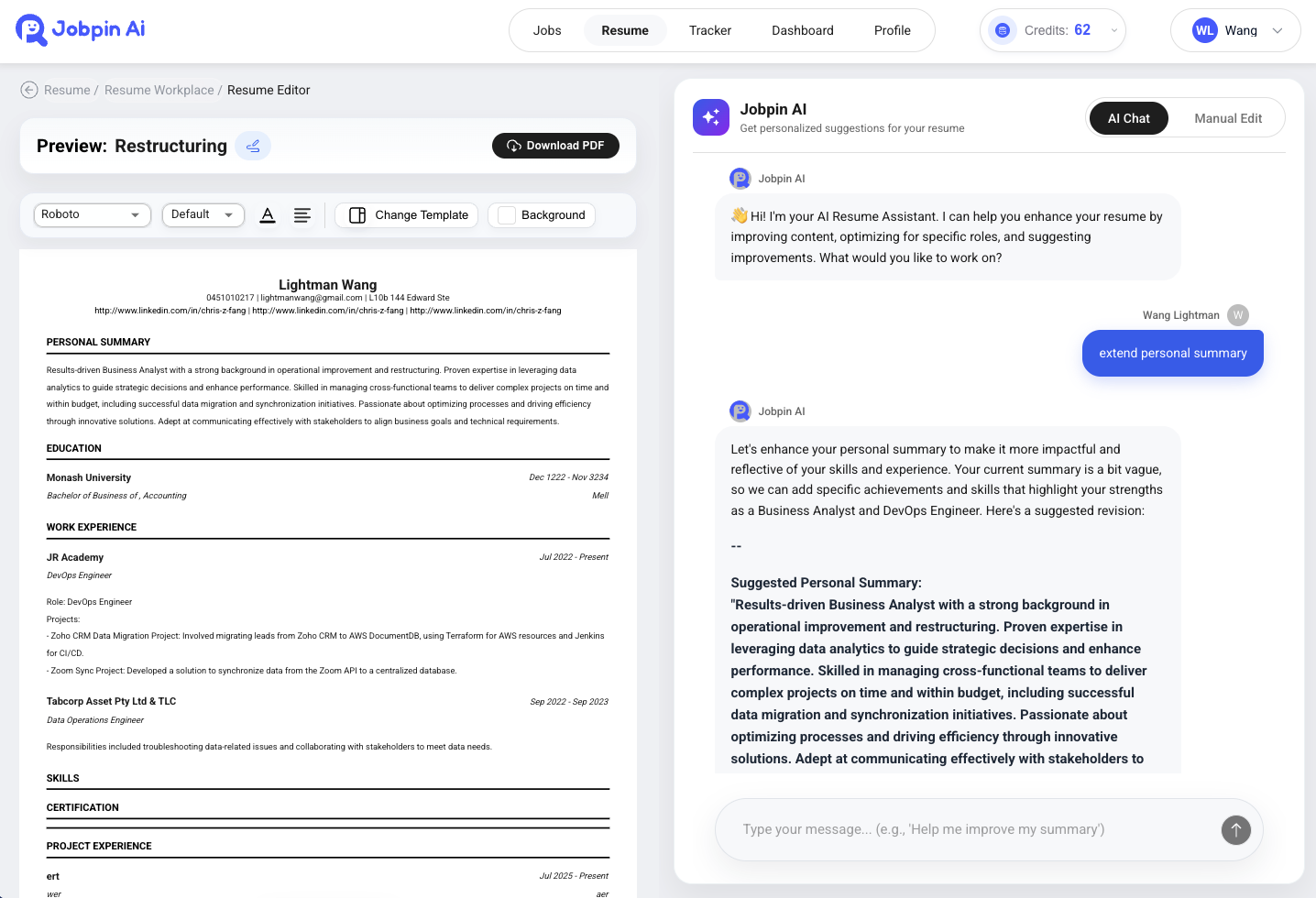 AI chat mode generating resume bullet suggestions